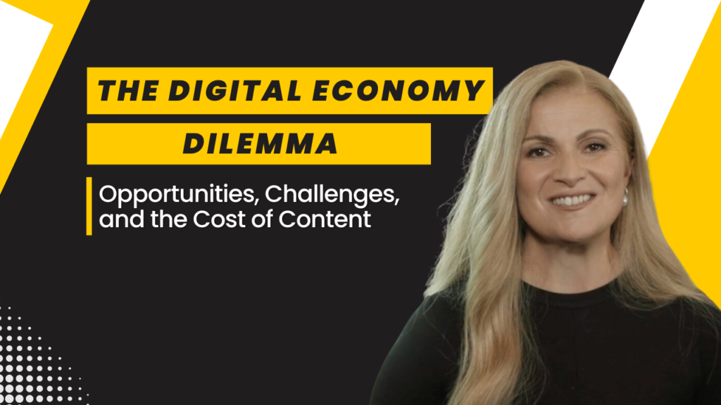 A yellow white black theme Podcast episode cover with a title The Digital Economy Dilemma: Opportunities, Challenges, and the cost of the content featuring Despina Karatzias head shot photo,