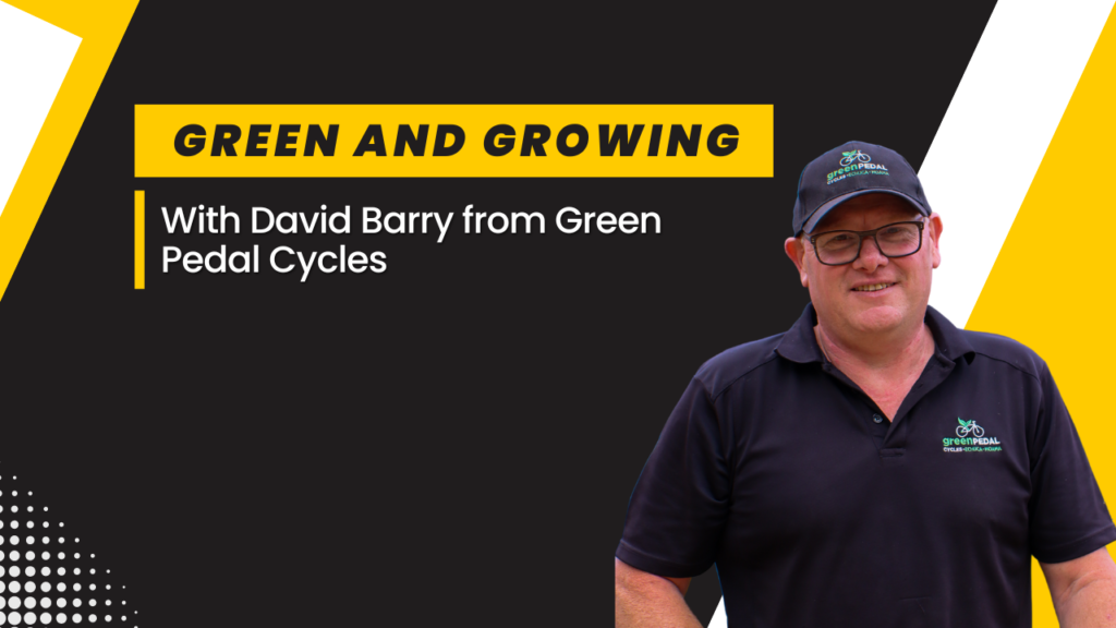 A yellow, white and black theme Podcast episode cover with a title Green and Growing with David Barry of Green Pedal Cycle. This cover photo has head shot photo David Barry wearing black polo shirt and cap branded by his company Green Pedal Cycles.