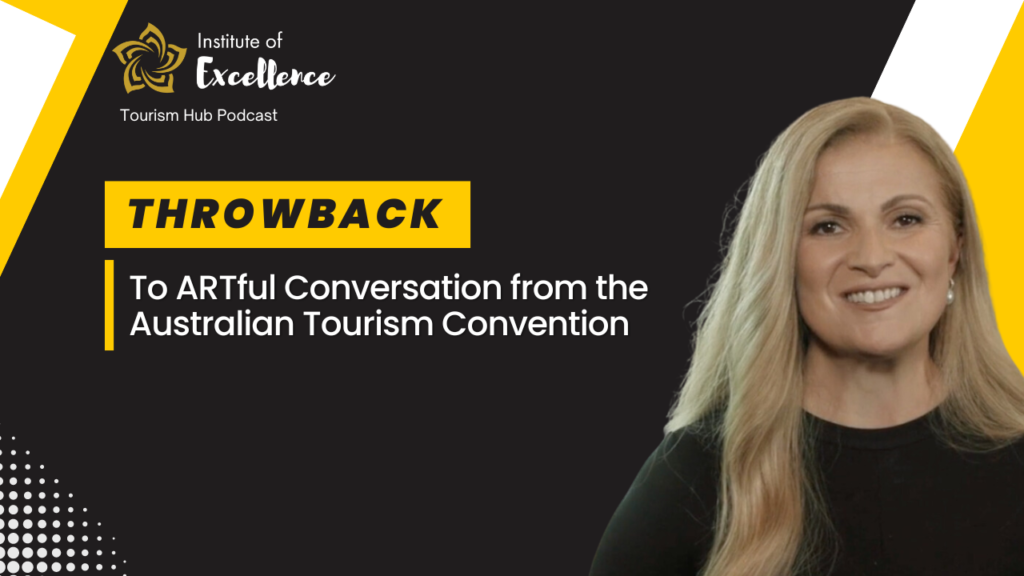 A yellow white black theme Podcast episode title 'Throwback To ARTful Conversation from the Australian Tourism Convention. Featuring Despina Karatzias head shot photo. On the upper left connect a vibrant orange and blue logo text of Australian Regional Tourism