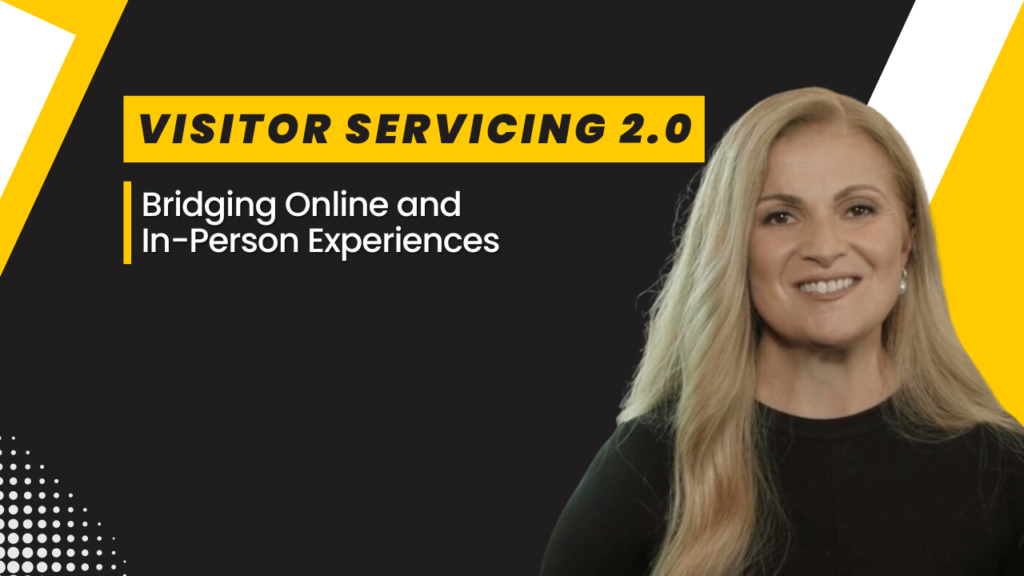 A yellow white black theme Podcast episode title Visitor Servicing 2.0: Bridging Online and In-Person experience. Featuring Despina Karatzias head shot photo.