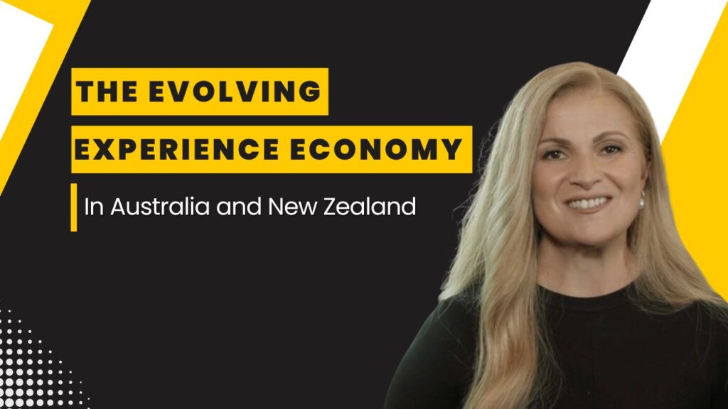 A yellow white black theme Podcast episode title - The Evolving Experience Economy in Australia and New Zealand. Featuring Despina Karatzias head shot photo.