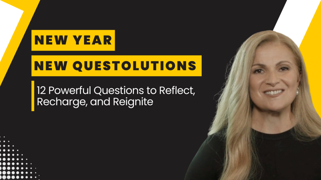 A woman with long blonde hair smiling confidently, alongside bold text reading "New Year, New Questolutions: 12 Powerful Questions to Reflect, Recharge, and Reignite" against a modern black and yellow background.