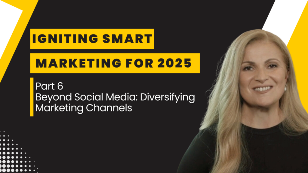 A banner featuring "Igniting Smart Marketing for 2025, Part 6: Beyond Social Media," with a smiling woman. The focus is on diversifying marketing channels with bold yellow and black design elements